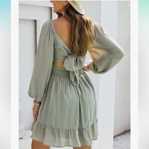Dokotoo Lantern Sleeve Square Neck Tie Backless Waist A-Line Mini Dress